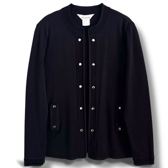 EXCLUSIVELY MISOOK BLACK SILVER FAUX SNAP SWEATER JACKET CARDIGAN SZ M - Picture 2 of 4